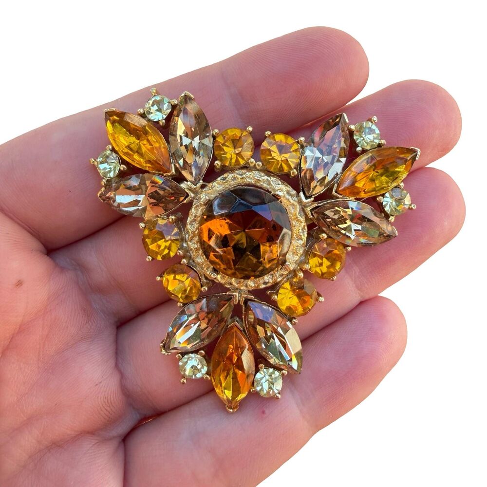 Vintage Designer Amber Faceted Topaz Glass Rhinestone Pin Brooch